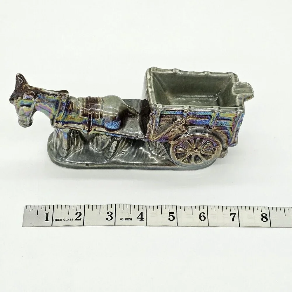 Vintage Donkey Cart Iridescent Glazed Mule Ashtray Pottery Porcelain MCM 70s